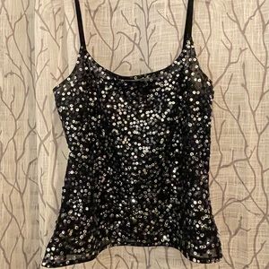 Black stretch tank with silver, gray and black sequins.